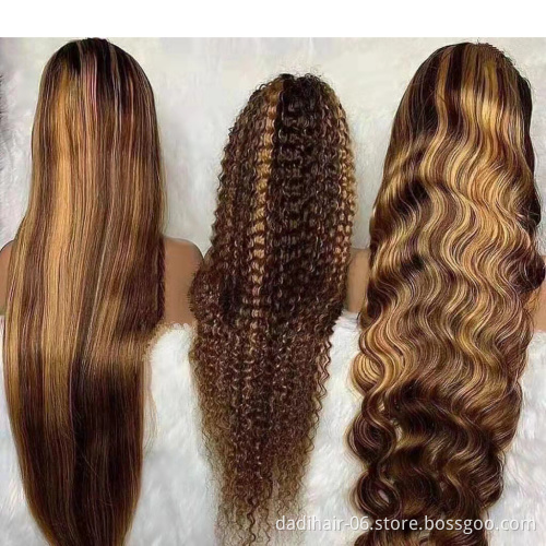 Longer Highlight Color Brazilian Remy Human Hair Straight Wigs with Baby Hair 13x4 Lace Front Blonde Piano Color Curly Wig
